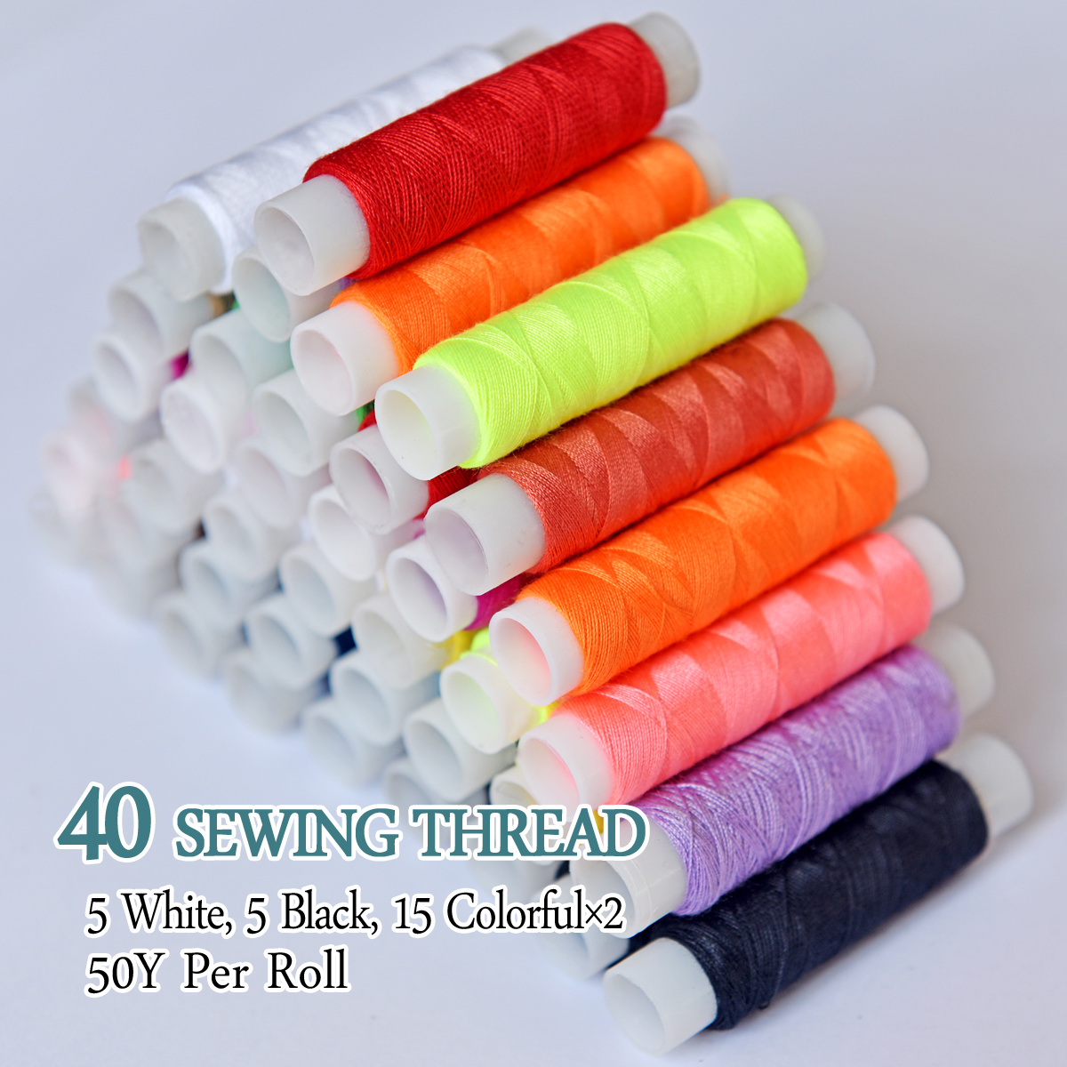 Sewing Thred Kit of 30 Colorful spools sewing thread, 5 spools white thread, 5 spools black thread